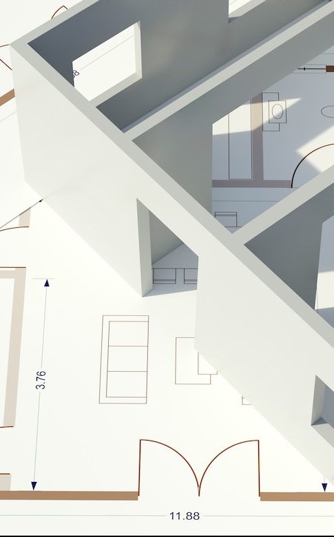Architecture design drawings, building model on blueprint floor plan, house construction. 3d
